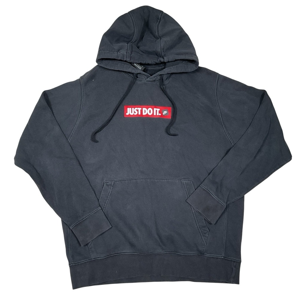 Nike Just Do It Washed Black Fleece Pullover Hoodie Men's L Hooded Pockets